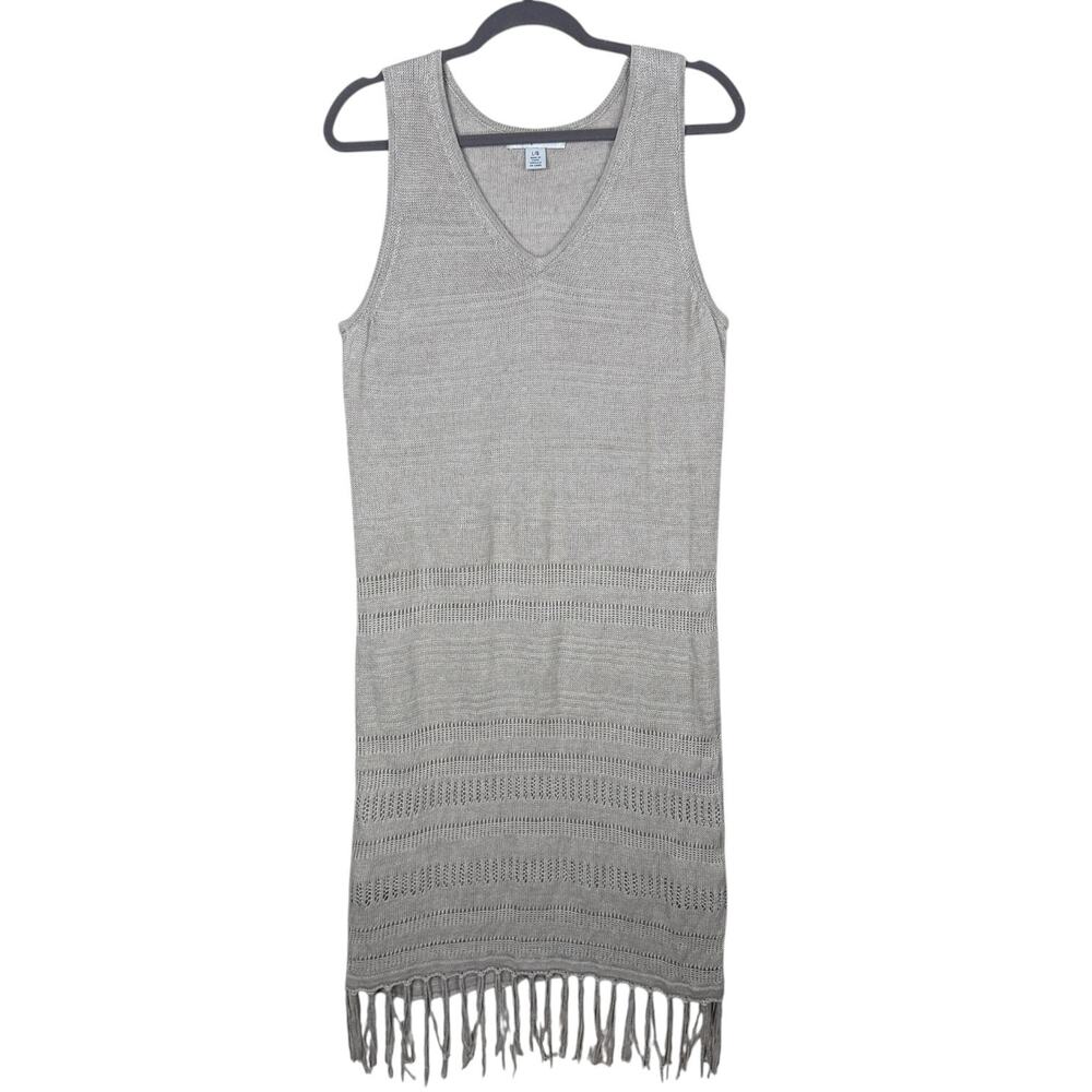Tommy Bahama Linen Bodycon Dress Large Crochet Sweater Fringe Sleeveless V-Neck
